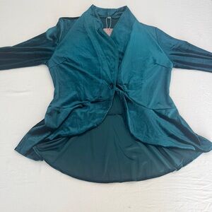 Velvet Dark Green Button-Front Blouse with Draped Hem